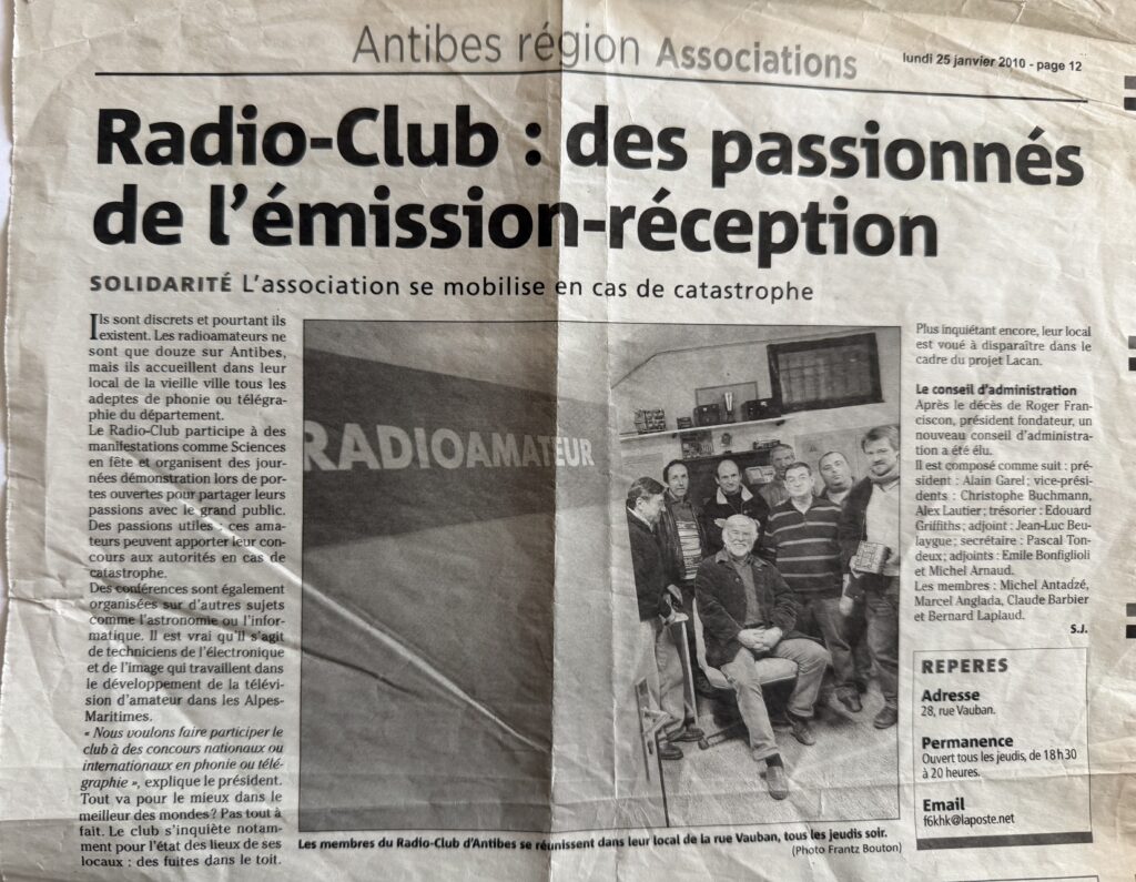 Photo du Nice Matin du 28 Novembre 2010, article sur le Radio Club F6KHK